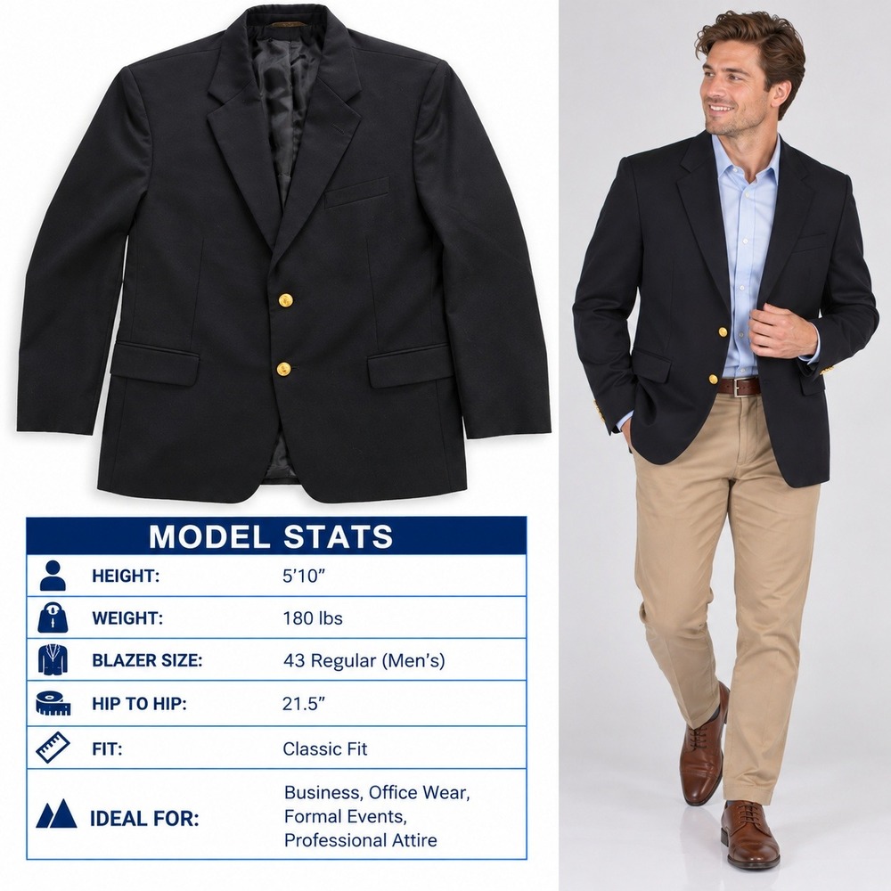 Brooks Brothers 346 Mens Navy Blue Wool 2 Button Blazer Gold Button 43R